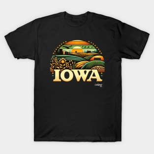 Iowa's Heartland Harmony: Fields of Pride - American Vintage Retro style USA State T-Shirt